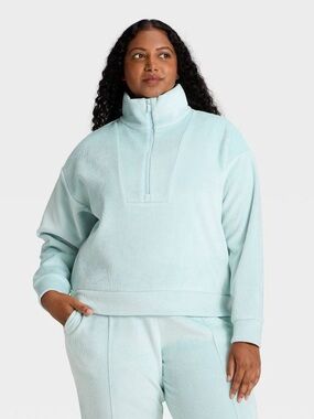 Women's Velour Ribbed 1/2 Zip Sweatshirt - All In MotionLight Aqua Blue XXL EUC